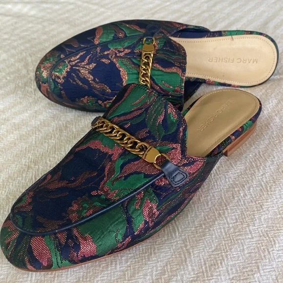 Marc Fisher Whiley Slip-In Mules Metallic Brocade Womens w Gold Chain 7 M - Picture 2 of 7